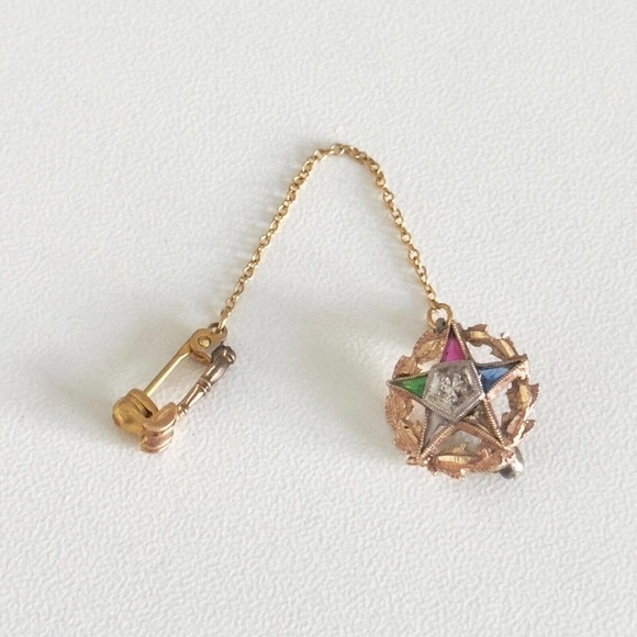 Vintage 10K Yellow Gold Eastern Star Masonic Diamond Multi-Gemstone Pin - Picture 1 of 10